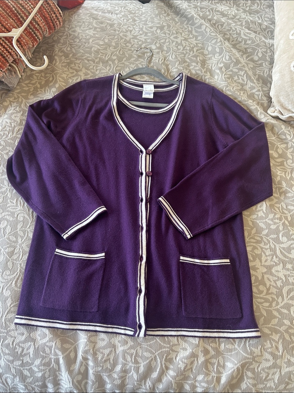 Women's Purple Button-Front Cardigan with Contrast Trim
